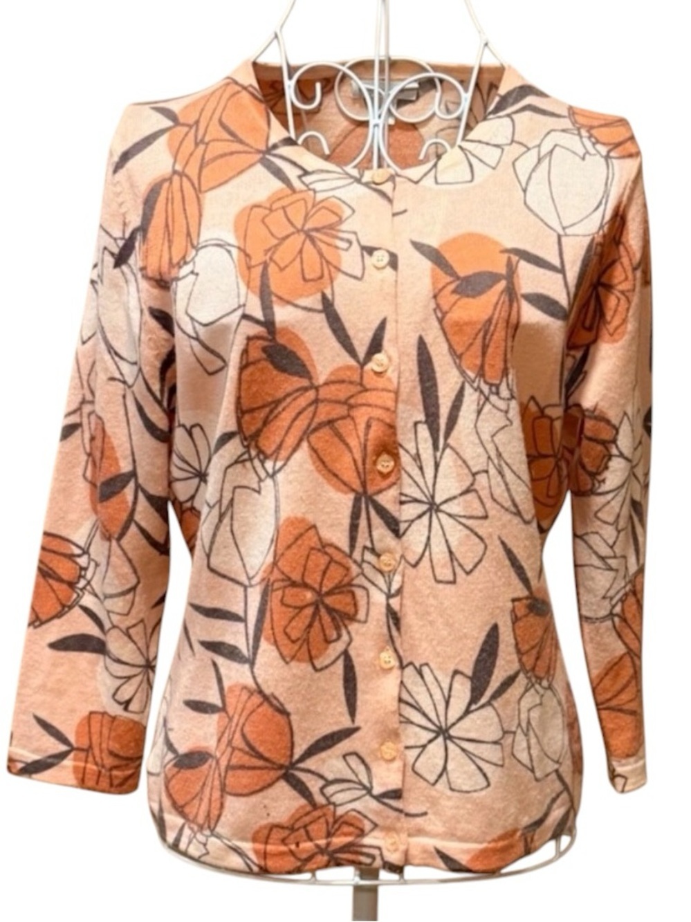 Garnet Hill Merino Wool Floral Botanical Cardigan Fine Knit Long Sleeve Peach M